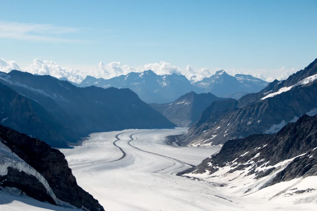 The Aletsch Glacier stretching south between snowy peaks, seen from the Jungfraujoch