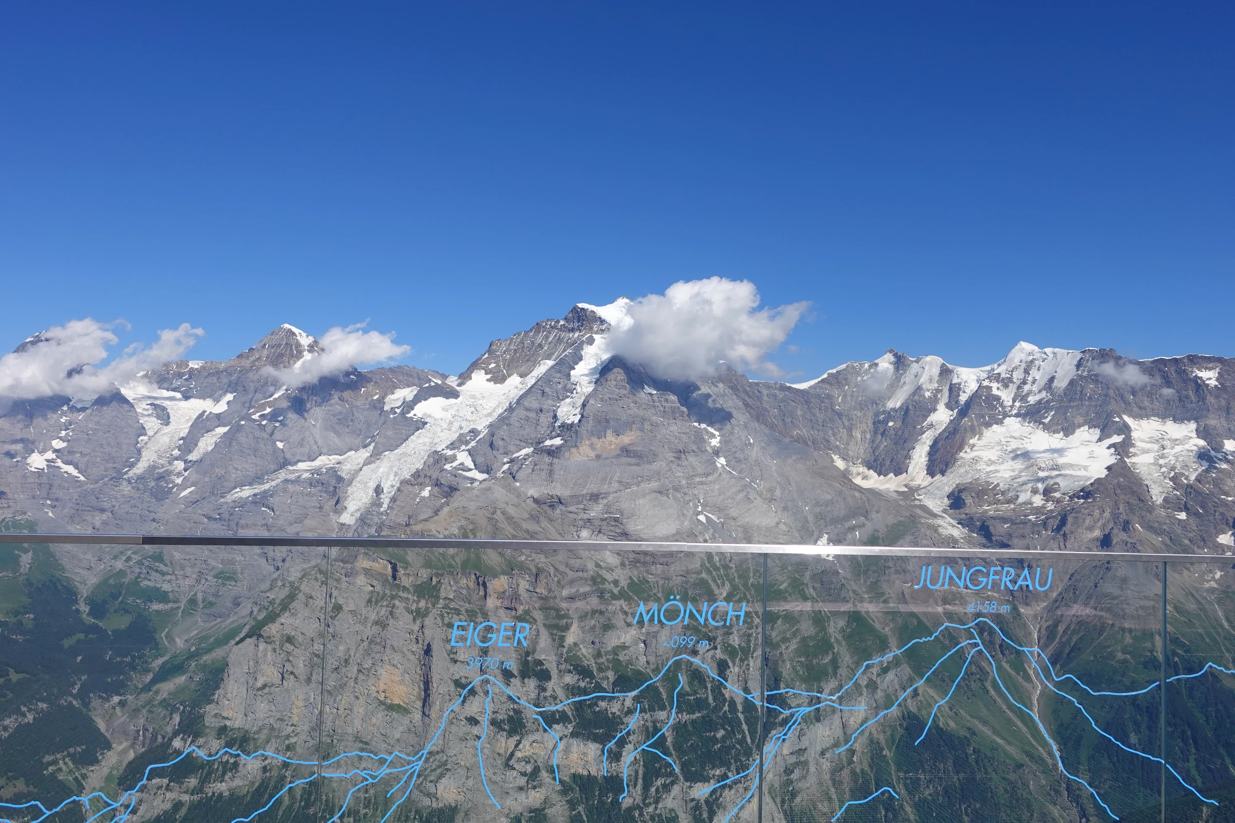 Skyline Walk auf der Birg: Glasbrüstung mit den Namen Eiger, Mönch und Jungfrau über den echten Gipfeln