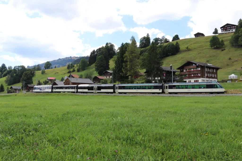Weisser Panoramazug der MOB auf einer grünen Wiese bei Saanenmöser, Chalets am Hang