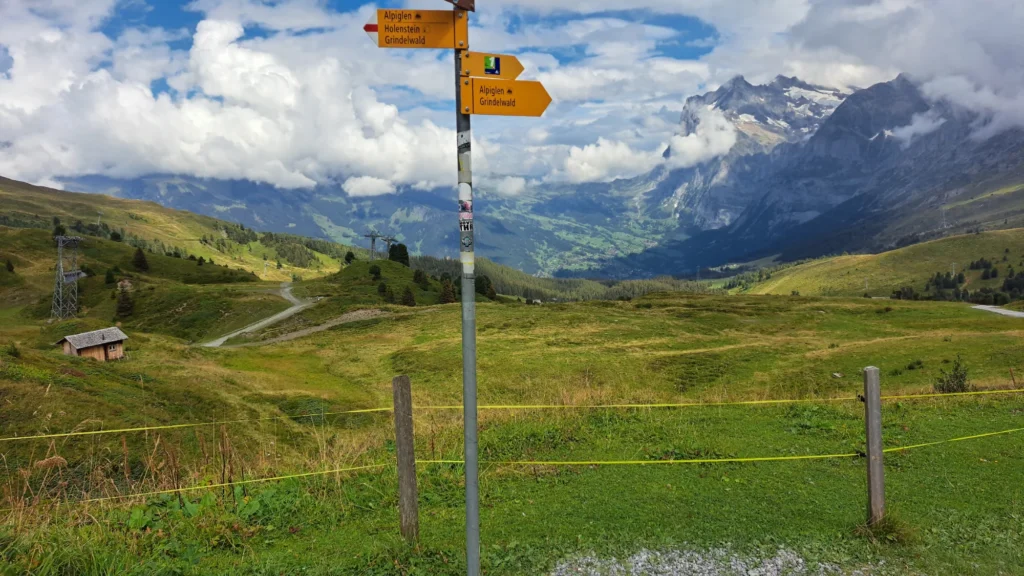Yellow hiking signpost on the green pastures of Kleine Scheidegg with the Wetterhorn and the Grindelwald valley behind
