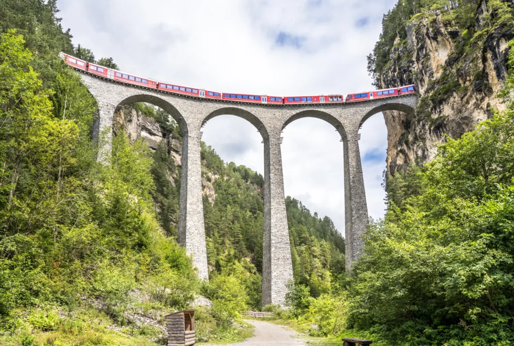 The Landwasser Viaduct near Filisur seen from the forest path below