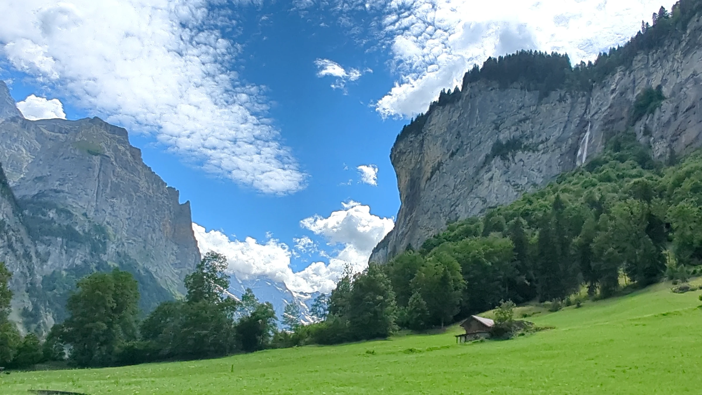Green meadow on the Lauterbrunnen Valley floor with a small barn, forest and the steep rock wall under white clouds