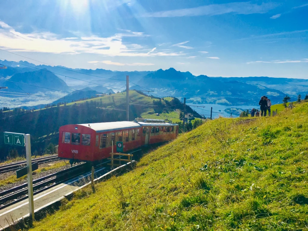 Red Vitznau-Rigi cogwheel train on a sunny meadow slope with Lake Lucerne and the Alps in the distance