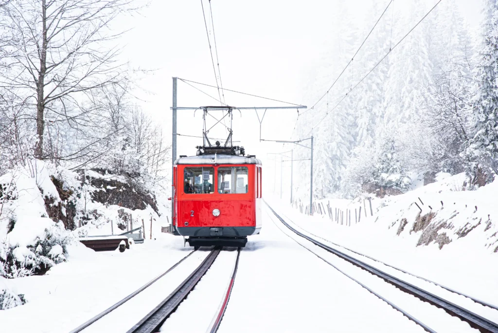Small red cogwheel railcar approaching on snow-covered tracks through a winter forest on Rigi
