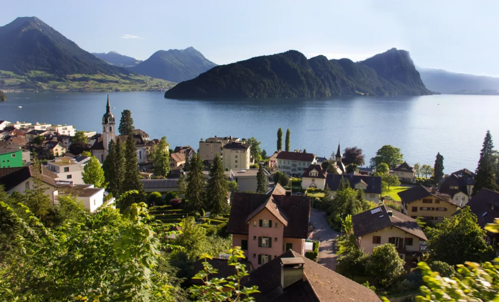 View from the Rigi train down to Vitznau and Lake Lucerne