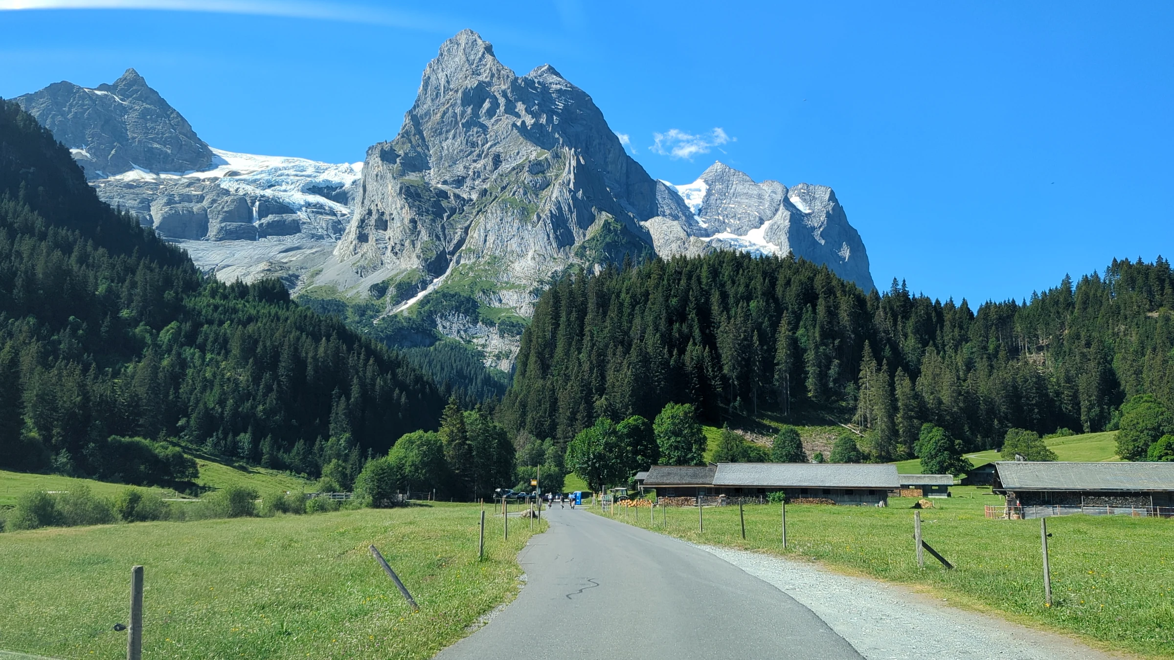 Schmale Talstraße nach Rosenlaui zwischen Wiesen, vorne Wellhorn und Rosenlauigletscher