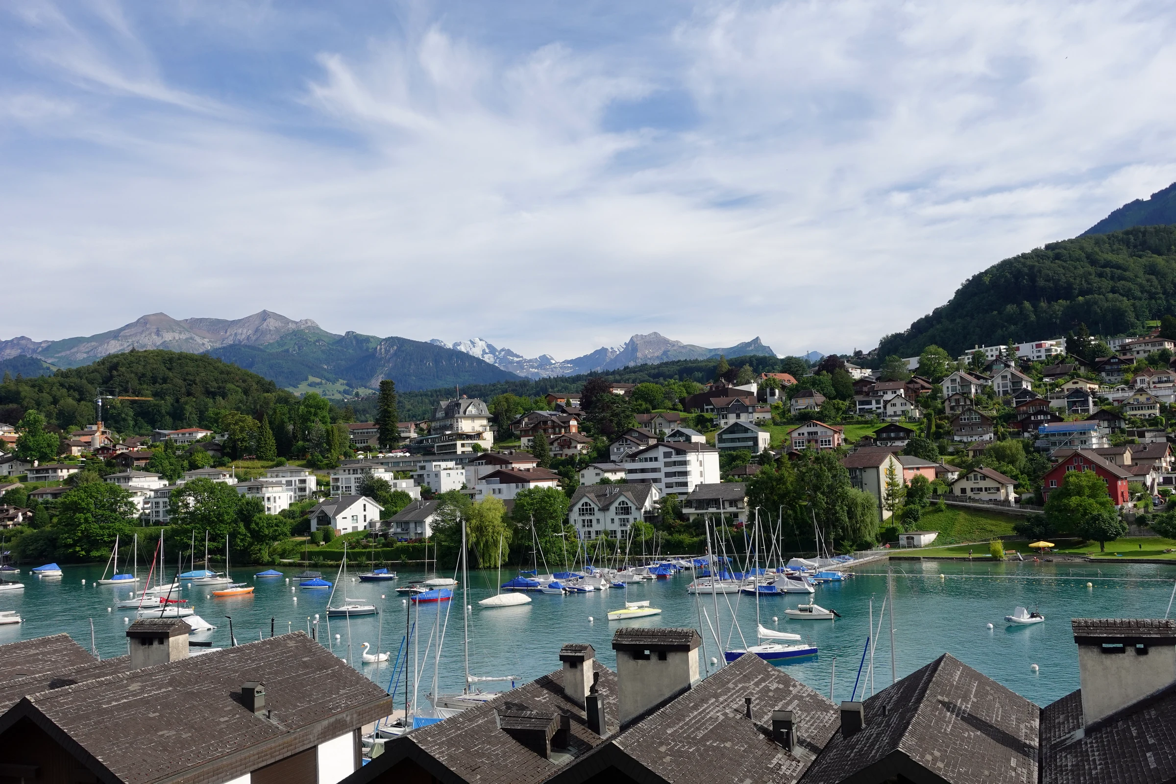 Hafen in der Spiezer Bucht voller Segelboote, von oben über Chaletdächer gesehen