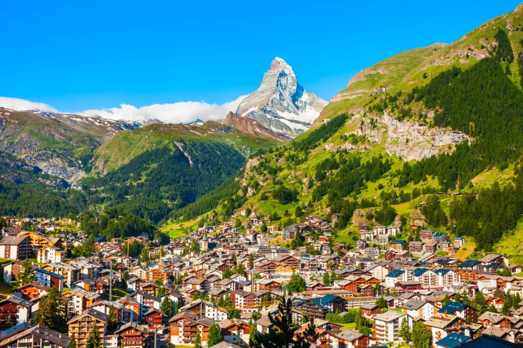 Zermatt village from above with the Matterhorn at the end of the valley