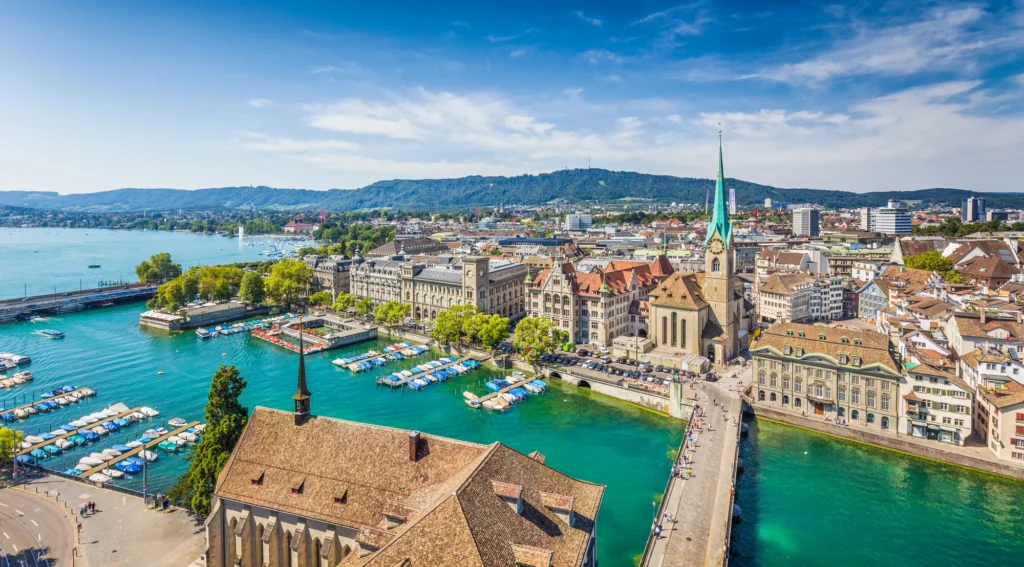Zurich and the Limmat flowing out of Lake Zurich, seen from the Grossmünster